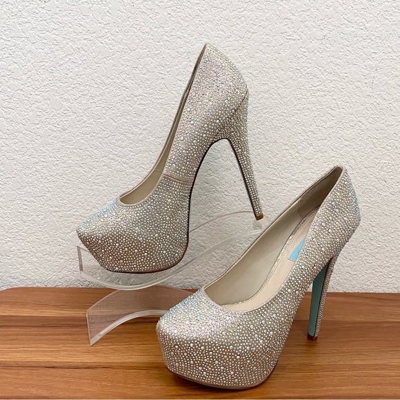 Betsey Johnson Blue WISH Crystals Champagne Platform Wedding Stilettos Size 8.5 - Picture 2 of 16